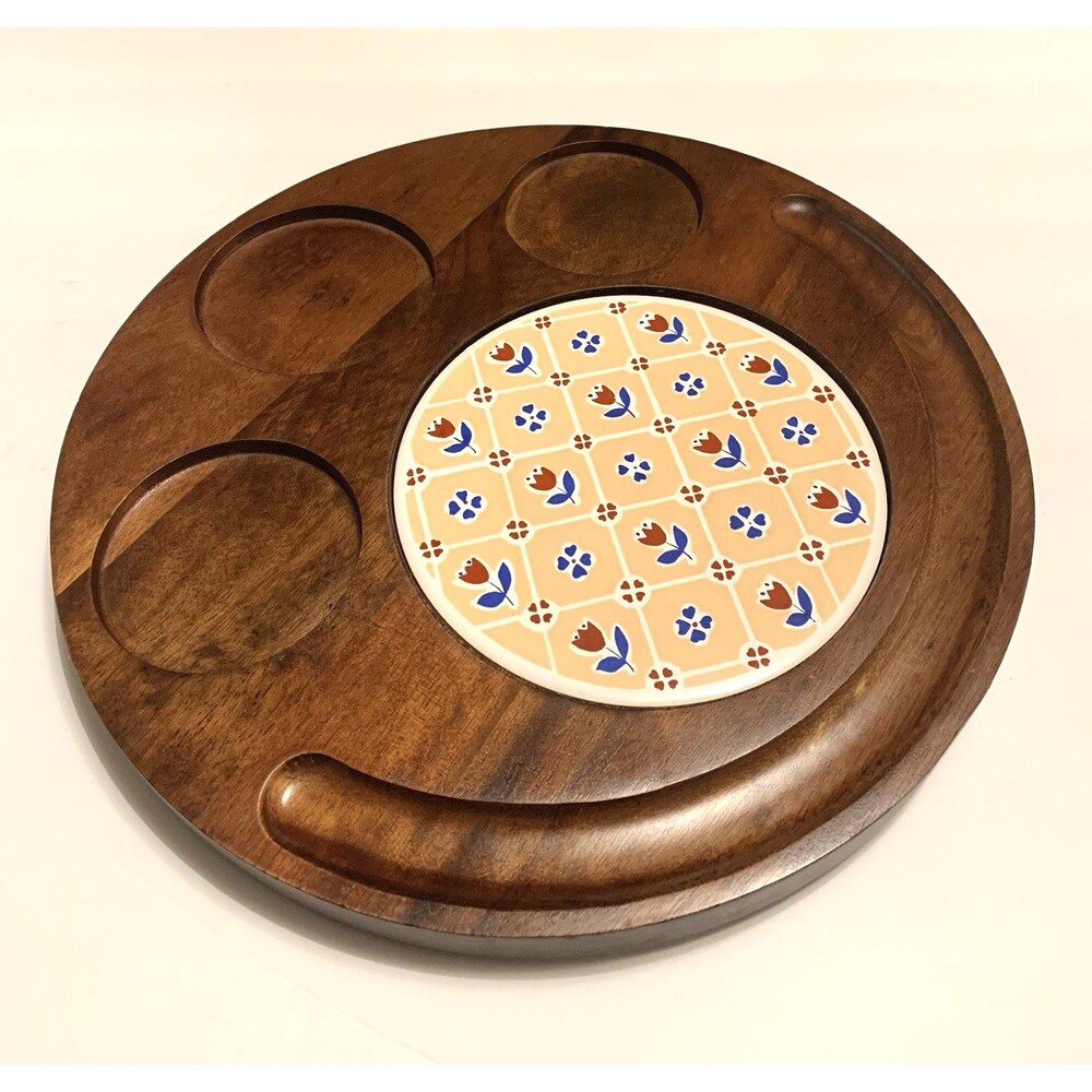 Vintage Gailstyn Sutton Wood Serving Tray Floral Tile Insert Taiwan Party Snacks